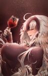  1girl ahoge alcohol bangs black_sweater breasts closed_eyes cup drinking_glass fate/grand_order fate_(series) headpiece highres jeanne_d&#039;arc_(alter)_(fate) jeanne_d&#039;arc_(fate) large_breasts long_hair long_sleeves open_mouth ru_251 silver_hair smile sweater very_long_hair wine wine_glass 