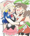  2girls bandana bangs bare_shoulders bike_shorts black_shirt black_shorts blue_eyes blue_hair blush brown_hair closed_eyes collared_shirt dawn_(pokemon) dress eromame eyebrows_visible_through_hair fanny_pack gloves green_bandana green_headwear hat heart hug may_(pokemon) multiple_girls one_eye_closed open_mouth orange_dress pink_skirt pokemon pokemon_(game) pokemon_dppt pokemon_emerald pokemon_rse red_scarf scarf shirt shorts skirt sleeveless sleeveless_dress sleeveless_shirt teeth twitter_username two-tone_gloves upper_teeth white_gloves white_headwear yuri 