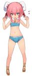  1girl bangs bare_arms bare_shoulders bikini blue_bikini breasts brown_footwear bun_cover claw_pose commentary_request double_bun eyebrows_visible_through_hair full_body gao grey_eyes hair_between_eyes hands_up karukan_(monjya) looking_at_viewer pink_hair presea_combatir simple_background small_breasts solo standing swimsuit tales_of_(series) tales_of_symphonia translated white_background 