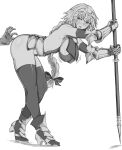  1boy 1girl armor armpits ass_grab bare_shoulders bent_over blush boots bow braid braided_ponytail breasts cameltoe chest_strap covered_navel covered_nipples cowter elbow_gloves fate/apocrypha fate_(series) faulds gauntlets gloves greyscale hair_bow headpiece high_heel_boots high_heels highleg highleg_leotard highres jeanne_d&#039;arc_(fate) jeanne_d&#039;arc_(fate/apocrypha) large_breasts leotard long_hair monochrome out_of_frame polearm sabaton sideboob sweat thick_thighs thighhighs thighs weapon winterbigfoot 
