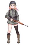  1girl asymmetrical_legwear bangs blonde_hair boots brown_legwear camouflage camouflage_headwear camouflage_jacket closed_mouth commentary company_of_heroes full_body gewehr_43 green_eyes green_footwear gun hat holding holding_gun holding_weapon jacket long_hair looking_at_viewer military military_hat military_jacket military_uniform mismatched_legwear original solo transparent_background trigger_discipline uniform weapon world_war_ii zhainan_s-jun 