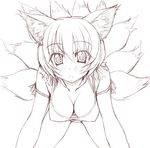  :o all_fours alternate_costume animal_ears bangs bent_over blush breasts cleavage contemporary covered_nipples downblouse fox_ears fox_tail greyscale large_breasts looking_at_viewer monochrome multiple_tails open_mouth ribbon short_hair simple_background sin-go sketch solo staring tail touhou white_background yakumo_ran 