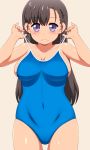  1girl bare_arms bare_shoulders beasts black_hair blush breasts cameltoe capitan_(tsyoujo) cleavage closed_mouth collarbone covered_navel female long_hair looking_at_viewer one-piece_swimsuit original simple_background solo swimsuit swimsuit_pull 