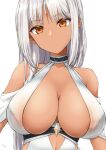  1girl azur_lane bangs bare_shoulders closed_mouth collarbone covered_nipples dark-skinned_female dark_skin dress eyebrows_visible_through_hair facial_mark forehead_mark head_tilt highres koutarou_(plusdrive) long_hair massachusetts_(azur_lane) massachusetts_(dressed_to_impress)_(azur_lane) official_alternate_costume orange_eyes silver_hair simple_background solo underbust upper_body white_background white_dress 