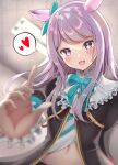  1girl :d absurdres animal_ears aqua_bow aqua_bowtie bangs black_jacket blurry blush bow bowtie depth_of_field ear_ribbon eyebrows_visible_through_hair frilled_shirt_collar frills heart highres horse_ears horse_girl jacket long_hair long_sleeves looking_at_viewer materu_(2532) mejiro_mcqueen_(umamusume) navel purple_eyes purple_hair smile solo spoken_heart swept_bangs umamusume upper_body 