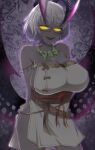  1girl arms_behind_back breasts colored_skin cosplay fate/grand_order fate_(series) glasses glowing glowing_eyes grey_hair grey_skin highres himiko_(fate) himiko_(fate)_(cosplay) horns jacques_de_molay_(foreigner)_(fate) large_breasts magatama magatama_necklace sideboob smile sotomichi yellow_eyes 