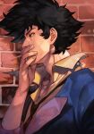 1boy brick_wall brown_eyes brown_hair cigarette collarbone cowboy_bebop fingernails formal from_side hand_up hungry_clicker male_focus necktie shirt short_hair smoking solo spike_spiegel suit 