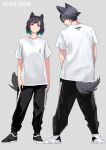  1boy 1girl absurdres animal_ear_fluff animal_ears arms_at_sides bangs black_eyes black_footwear black_hair black_pants blue_eyes bob_cut breasts cat_ears closed_mouth clothes_writing dog_ears dog_tail drawstring eyebrows_behind_hair from_behind full_body green_hair grey_background highres legs_apart looking_at_viewer looking_back multicolored_hair original pants print_shirt profile sakuhiko shirt shoes short_sleeves side-by-side simple_background smile socks standing t-shirt tail two-tone_hair white_shirt 