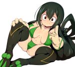  1girl absurdres asui_tsuyu bikini black_hair black_legwear boku_no_hero_academia breasts closed_mouth commentary english_commentary gloves green_bikini hair_between_eyes highres index_finger_raised large_breasts long_hair looking_at_viewer simple_background sitting slugbox solo sweat swimsuit thighhighs white_background white_gloves 