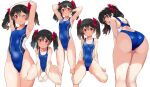  1girl armpits arms_behind_head arms_up ass barefoot black_hair blue_swimsuit bow breasts competition_swimsuit feet_out_of_frame full_body hair_bow highleg highleg_swimsuit highres kurokawa_makoto leaning_forward looking_at_viewer love_live! love_live!_school_idol_project multiple_views one-piece_swimsuit one_eye_closed red_bow red_eyes short_hair simple_background sitting small_breasts standing swimsuit twintails wariza white_background yazawa_nico 