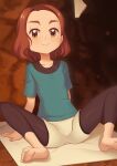  1girl arm_support barefoot blue_shirt brown_eyes brown_hair cave_interior collarbone eyelashes feet gazing_eye highres leggings legwear_under_shorts looking_at_viewer medium_hair pokemon pokemon_(anime) pokemon_m20 shirt short_sleeves shorts sitting soles solo spread_legs t-shirt textless toes verity_(pokemon) white_shorts 