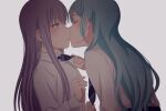  2girls aqua_hair bang_dream! blush collared_shirt commentary_request couple eyebrows_visible_through_hair green_eyes hikawa_sayo kiss light_purple_hair long_hair minato_yukina multiple_girls necktie necktie_grab neckwear_grab shirt striped_necktie un403lucky white_shirt yellow_eyes yuri 