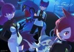  1boy 2girls blue_eyes blue_hair commentary_request highres jupiter_(pokemon) mars_(pokemon) multiple_girls pokemon pokemon_(game) pokemon_dppt purple_eyes purple_hair purugly red_eyes red_hair saturn_(pokemon) sawarabi_(sawarabi725) skuntank team_galactic toxicroak 