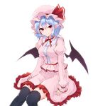  1girl bangs bat_wings black_legwear blue_hair breasts center_frills commentary dated_commentary eyebrows_visible_through_hair frilled_skirt frills hair_between_eyes hat highres juliet_sleeves junior27016 long_sleeves looking_at_viewer medium_breasts mob_cap pink_headwear pink_shirt pink_skirt pointy_ears puffy_sleeves red_eyes remilia_scarlet shirt short_hair simple_background sitting skirt skirt_set smile solo thighhighs touhou white_background wings 