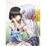  2girls artist_request black_hair blush bra breasts closed_mouth drying large_breasts long_hair looking_at_another multiple_girls official_art purple_eyes red_bra red_eyes school_uniform see-through senki_zesshou_symphogear senki_zesshou_symphogear_xd_unlimited silver_hair small_breasts smile tsukuyomi_shirabe twintails underwear yukine_chris yuri 