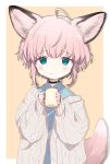  1919_decoy 1girl ahoge animal_ears arknights black_choker blue_eyes blue_shirt blush border brown_hair choker collared_shirt cup eyebrows_visible_through_hair fox_ears fox_girl fox_tail frown highres holding holding_cup looking_at_viewer mug outside_border shadow shirt short_hair simple_background solo sussurro_(arknights) tail upper_body white_border yellow_background 