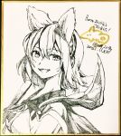  1girl :d bangs breasts cape commentary_request dated earmuffs eyebrows_visible_through_hair hair_between_eyes highres looking_at_viewer medium_breasts medium_hair monochrome pointy_hair ritual_baton shikishi signature sketch smile solo syuri22 teeth touhou toyosatomimi_no_miko traditional_media upper_body upper_teeth 
