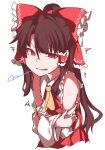  1girl ascot bandages bangs bare_shoulders bow brown_hair collar collared_dress detached_sleeves dress eyebrows_visible_through_hair frills gokuu_(acoloredpencil) hair_between_eyes hair_ornament hair_tubes hakurei_reimu hand_on_own_arm hand_up highres long_hair long_sleeves looking_at_viewer open_mouth red_bow red_dress red_eyes simple_background sleeveless sleeveless_dress smile solo touhou upper_body white_background wide_sleeves yellow_ascot 