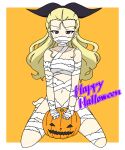  1girl assam_(girls_und_panzer) bandages barefoot black_ribbon blonde_hair blue_eyes border commentary covered_mouth english_text full_body girls_und_panzer hair_pulled_back hair_ribbon half-closed_eyes halloween halloween_costume happy_halloween highres ichinose_jun jack-o&#039;-lantern kneeling long_hair looking_at_viewer mummy_costume navel orange_background outside_border ribbon solo white_border 