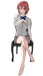 1girl absurdres alternate_costume amagi_(amagi626) barefoot blue_bow blue_bowtie blue_sweater_vest blush boots bow bowtie buckle buttons collared_shirt commentary_request crossed_legs eyebrows_visible_through_hair fingernails full_body highres horikawa_raiko jacket knees lips long_sleeves looking_at_viewer miniskirt pleated_skirt red_eyes red_hair school_uniform shiny shiny_hair shirt short_hair simple_background sitting skirt smile solo stick stool sweater_vest toenails touhou vest white_background white_jacket white_skirt white_sleeves wing_collar wrist_cuffs 