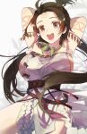  1girl age_nasuo arms_behind_head body_markings breasts brown_eyes brown_hair fate/grand_order fate_(series) himiko_(fate) large_breasts long_hair magatama magatama_necklace sideless_outfit signature 