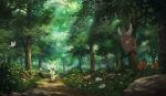  absurdres butterfree commentary_request day flower forest grass highres leafeon light_rays nature no_humans numaguro_(tomokun0808) outdoors path pinsir pokemon pokemon_(creature) rock scenery tree weedle white_flower 