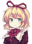  1girl bangs blonde_hair blue_eyes bow bowtie closed_mouth commentary_request hair_ribbon looking_at_viewer medicine_melancholy medium_hair red_bow red_bowtie red_ribbon red_shirt ribbon sato_imo shirt simple_background solo touhou upper_body white_background 