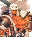  1boy abs animal_hood armor bara bare_pectorals bear_hood beard belt brown_hair character_request copyright_request dark-skinned_male dark_skin facial_hair fur_trim hood large_pectorals long_hair looking_at_viewer male_focus mature_male muscular muscular_male nipples over_shoulder pauldrons pectorals scar scar_on_chest scar_on_face scar_on_nose shoulder_armor single_bare_shoulder single_pauldron solo sword sword_over_shoulder tengo_(maotengo) thick_eyebrows upper_body weapon weapon_over_shoulder 