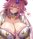  1girl absurdres bangs breasts cleavage coat detached_collar double_bun dress fate/grand_order fate_(series) hair_between_eyes highres koyanskaya_(fate) kymp large_breasts long_hair long_sleeves open_clothes open_coat pink_hair sidelocks tamamo_(fate) very_long_hair white_coat white_dress yellow_eyes 