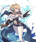  1girl bare_shoulders black_gloves blonde_hair blue_capelet blue_eyes bow breasts capelet cleavage coattails cross cross_earrings detached_collar detached_sleeves earrings eruthika genshin_impact gloves hair_between_eyes hair_bow high_ponytail highres holding holding_sword holding_weapon jean_(genshin_impact) jewelry large_breasts multicolored_capelet open_mouth pants standing sword tight tight_pants weapon white_background white_pants 