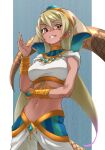  1girl arm_under_breasts bangs blonde_hair bracelet breasts commentary egyptian_clothes eyebrows_visible_through_hair gradient_hair hair_between_eyes highres jewelry kemono_friends king_cobra_(kemono_friends) light_brown_eyes long_hair medium_breasts midriff multicolored_hair navel pants parted_lips pink_hair purple_hair smile snake_tail solo tail tan tanabe_(fueisei) usekh_collar veil very_long_hair white_pants 