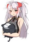  &gt;_&lt; +++ 1girl :3 absurdres animal animal_hug azur_lane bare_shoulders black_cat breasts brown_eyes cat commentary_request cropped_torso eyebrows_visible_through_hair headgear highres large_breasts light_purple_hair long_hair meowfficer_(azur_lane) moyoron multicolored_hair prinz_eugen_(azur_lane) red_hair sideboob simple_background two-tone_hair upper_body white_background 