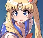  1girl bangs bishoujo_senshi_sailor_moon blonde_hair blue_eyes blue_sailor_collar choker circlet collarbone crescent crescent_earrings derivative_work earrings fun_bo hair_over_shoulder heart heart_choker jewelry long_hair magical_girl open_mouth red_choker sailor_collar sailor_moon sailor_moon_redraw_challenge sailor_senshi_uniform screencap_redraw solo tsukino_usagi twintails upper_body 