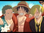  3boys ^_^ arm_over_shoulder beer_keg black_hair blonde_hair cigarette closed_eyes facial_hair green_hair grin highres male_focus monkey_d._luffy multiple_boys one_piece pectoral_cleavage pectorals roronoa_zoro sanji scar scar_across_eye scar_on_face short_hair smile smoking suzu_(suzuran_piece) 