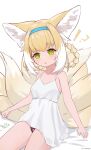  !? 1girl animal_ears arknights bangs bed_sheet black_panties blonde_hair blunt_bangs braid chinese_commentary collarbone commentary_request dress eyebrows_visible_through_hair fox_ears fox_girl fox_tail green_eyes hair_between_eyes hairband highres kyuubi long_hair looking_at_viewer luma_li multiple_tails panties pantyshot parted_lips paw_print pill sidelocks simple_background sitting sleeveless solo spaghetti_strap suzuran_(arknights) tail twin_braids underwear white_background white_dress 
