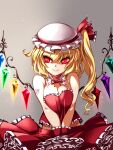  1girl adapted_costume blonde_hair breasts cleavage closed_mouth crystal detached_sleeves eyebrows_visible_through_hair flandre_scarlet frilled_skirt frills hair_between_eyes hat highres long_hair mob_cap one_side_up raptor7 red_eyes red_skirt shaded_face skirt smile solo tattoo touhou white_headwear wings wrist_cuffs 