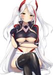  1girl azur_lane belt black_gloves black_legwear breasts clothing_cutout cropped_shirt crossed_legs earpiece gloves half_gloves headgear jacket large_breasts looking_at_viewer multicolored_hair nori_aji official_alternate_costume open_clothes open_jacket panties panty_straps prinz_eugen_(azur_lane) prinz_eugen_(final_lap)_(azur_lane) purple_jacket race_queen red_hair red_panties simple_background sitting solo streaked_hair thighhighs two-tone_hair two-tone_skirt underboob underboob_cutout underwear white_background white_belt white_hair yellow_eyes zipper 