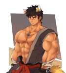  1boy abs animal_ears bandaged_arm bandages bara bare_pectorals character_request check_character clothes_down cowboy_shot cross_scar dark-skinned_male dark_skin dog_boy dog_ears dog_tail dougi dungeon_and_fighter fighter_(dungeon_and_fighter) hadanugi_dousa kemonomimi_mode large_pectorals looking_at_viewer male_focus medium_hair muscular muscular_male nipples pectorals scar scar_on_chest scar_on_face scar_on_nose sideburns sleeveless solo stomach tail tengo_(maotengo) tied_hair 