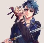  1boy blue_hair earphones gintama holding holding_sword holding_weapon instrument jacket jewelry kawakami_bansai male_focus necklace short_hair solo string sunglasses sword weapon yukino_ichigo 