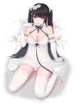  1girl absurdres azur_lane bare_shoulders black_hair breasts cleavage dress elbow_gloves flower full_body gloves hair_flower hair_ornament highres lace-trimmed_dress lace_trim large_breasts lingerie long_hair looking_at_viewer negligee official_alternate_costume panties peter_strasser_(a_moment_frozen_in_pure_white)_(azur_lane) peter_strasser_(azur_lane) purple_eyes rose see-through see-through_dress side-tie_panties simple_background solo thighhighs twintails underwear vinwri white_background white_flower white_gloves white_legwear white_negligee white_panties white_rose 