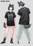  1boy 1girl animal_ear_fluff animal_ears arms_at_sides bangs black_eyes black_footwear black_hair black_shirt blue_eyes bob_cut breasts cat_ears closed_mouth clothes_writing commentary_request dog_ears dog_tail drawstring eyebrows_behind_hair from_behind full_body green_hair grey_background legs_apart looking_at_viewer looking_back miniskirt multicolored_hair original pants print_shirt profile sakuhiko shirt shoes short_sleeves side-by-side simple_background skirt smile socks standing t-shirt tail two-tone_hair white_skirt 