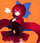  1girl bangs black_shirt blue_bow blush bow breath cloak commentary eyebrows_visible_through_hair hair_bow long_sleeves looking_to_the_side miniskirt orange_background red_cloak red_eyes red_hair red_skirt sekibanki shirt short_hair skirt solo sonic2452 touhou 