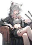  1girl absurdres antenna_hair arknights black_jacket black_shorts cake couch crossed_legs eating feet_out_of_frame fingerless_gloves food fork gloves grey_eyes grey_hair hair_between_eyes highres holding holding_fork jacket lappland_(arknights) leather leather_jacket long_hair looking_at_viewer messy_hair midriff open_clothes open_jacket oripathy_lesion_(arknights) shorts simple_background sitting solo sword veilrain weapon white_background white_bandeau white_gloves 