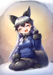  1girl :d ^_^ animal_ears black_bow black_bowtie black_gloves black_necktie bow bowtie breasts closed_eyes commentary facing_viewer formal fox_ears fox_tail fun_bo gloves kemono_friends long_hair necktie open_mouth pantyhose silver_fox_(kemono_friends) skirt smile solo suit tail waving 