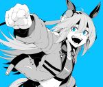  1girl animal_ears aqua_theme blue_background blue_eyes clenched_hand fingerless_gloves gloves hairband headband highres horse_ears jacket long_hair midriff monochrome spot_color tamamo_cross_(umamusume) tsukamoto_minori umamusume 