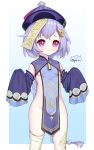  1girl absurdres artist_name bandaged_leg bandages bangs bare_shoulders bell blush braid cowboy_shot flat_chest frown genshin_impact gradient gradient_background hands_up hat highres jewelry jiangshi long_hair long_sleeves looking_at_viewer neps-l pink_eyes purple_eyes purple_hair qing_guanmao qiqi_(genshin_impact) see-through shiny shiny_hair sleeves_past_fingers sleeves_past_wrists solo very_long_hair white_background wide_sleeves 