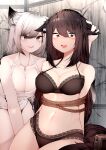  2girls @_@ absurdres animal_ear_fluff animal_ears arknights arms_behind_back bangs bare_arms bare_shoulders bdsm black_bra black_hair black_panties blush bondage bound bound_arms bra breasts camera camisole cleavage collarbone colored_inner_hair commentary_request cross cross_necklace ear_grab ear_piercing ears_down embarrassed eyebrows_visible_through_hair gradient_hair grey_eyes hair_between_eyes highres jewelry lace-trimmed_bra lace-trimmed_panties lace_trim lappland_(arknights) large_breasts leaning_forward long_hair looking_at_viewer looking_back multicolored_hair multiple_girls navel necklace open_mouth oripathy_lesion_(arknights) panties parted_lips piercing red_hair rope samip scar scar_across_eye silver_hair sitting smile stomach tail teeth texas_(arknights) two-tone_hair underwear underwear_only upper_teeth very_long_hair wolf_ears wolf_girl wolf_tail yellow_eyes yuri 