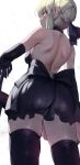  1girl artoria_pendragon_(fate) bare_back bare_shoulders black_dress black_gloves black_legwear black_ribbon blonde_hair dress eyebrows_visible_through_hair fate/grand_order fate_(series) from_behind gloves hair_ribbon highres looking_at_viewer ribbon saber_alter short_hair simple_background solo standing thighhighs thighs torriet white_background yellow_eyes zettai_ryouiki 