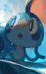  :o absurdres blue_eyes bright_pupils commentary day from_below gloss highres looking_back no_humans open_mouth outdoors pokemon pokemon_(creature) sobble solo tongue water wet white_pupils 