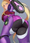  1girl arm_cannon armor ass black_bodysuit blonde_hair blue_eyes blush bodysuit breasts from_behind gravity_suit highres jtveemo large_breasts long_hair looking_at_viewer looking_back metroid metroid_dread mole mole_under_mouth ponytail power_armor samus_aran shiny shiny_clothes shiny_hair solo standing weapon 